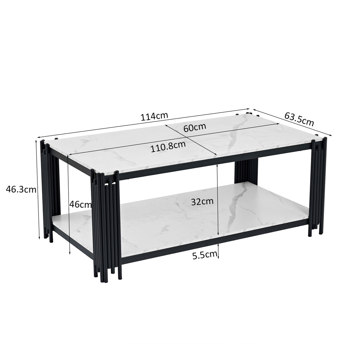 Rectangular Coffee Table Modern Marble-Effect Top Metal Legs White and Black
