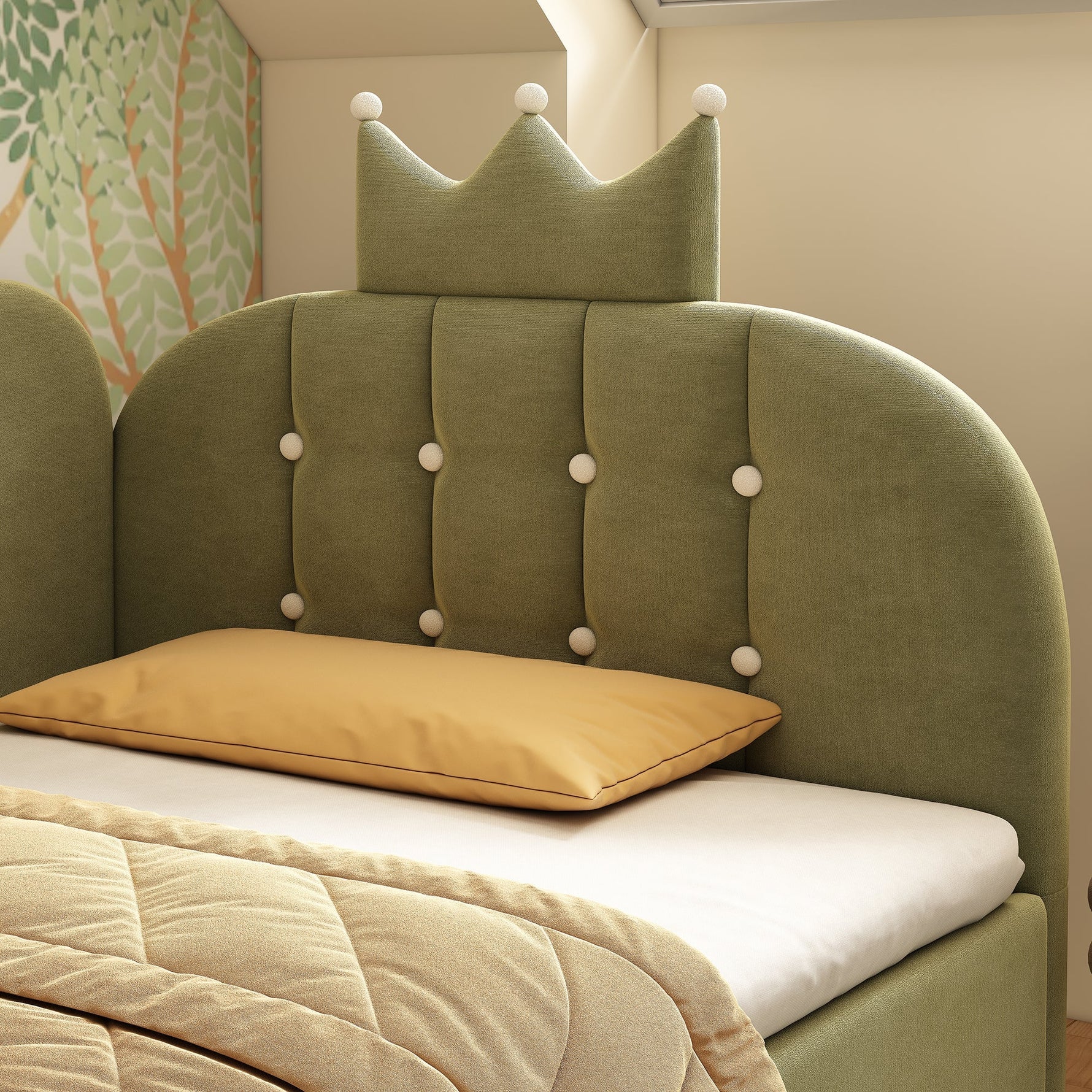 Upholstered Daybed with Hydraulic Storage and L-Shaped Crown-Lattice Design, 90x200cm, Green Velvet