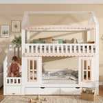 House Bunk Bed 90x200cm with Storage & Drawers, White & Natural