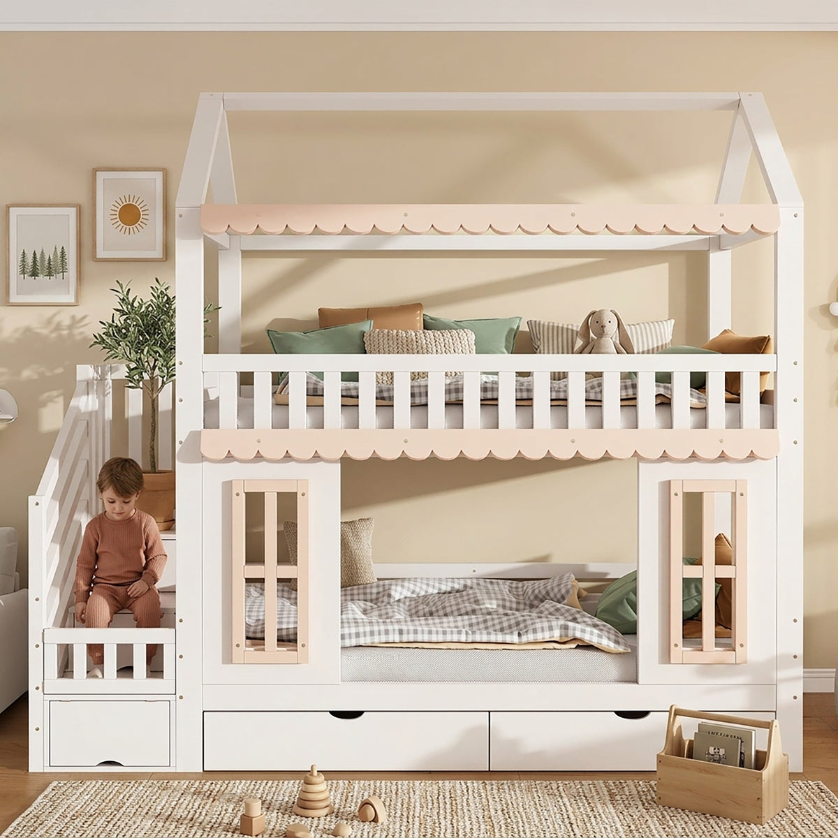 House Bunk Bed 90x200cm with Storage & Drawers, White & Natural