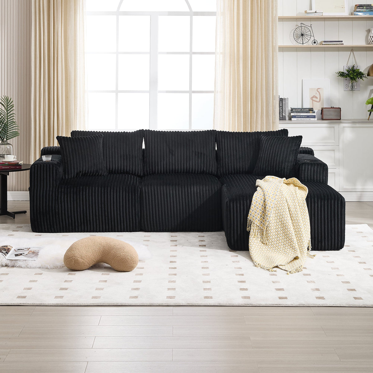 Modular Sofa Set Chaise Longue & 2-Seater with Pockets, Corduroy Fabric