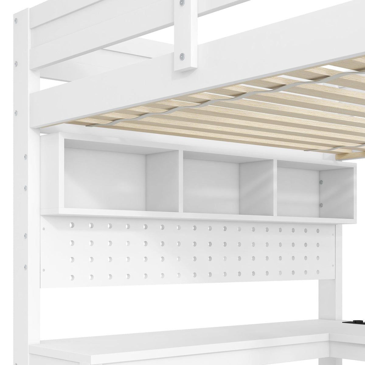 Gaming Loft Bed with Desk, LED Lighting and Charging Station, White Wood