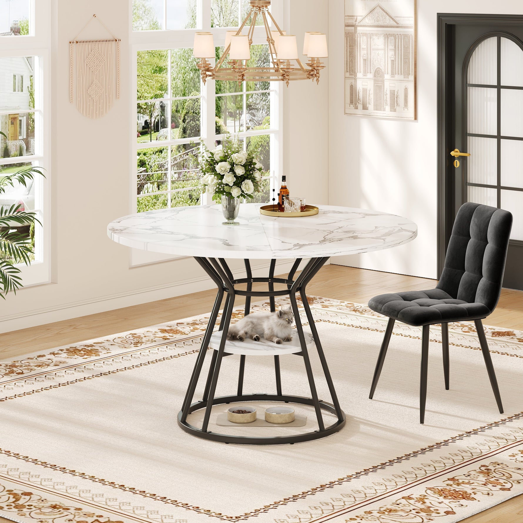 Round Dining Table with Metal Legs and Storage Shelf, Marble Pattern Gold and Black