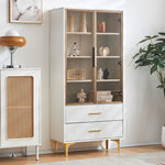 Glass Display Cabinet, 2-Door LED Lighted Tall Storage with Movable Shelves, Golden Legs