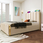 Upholstered Single Bed, USB Type-C, Hydraulic Storage, 90x200 cm, Beige Linen