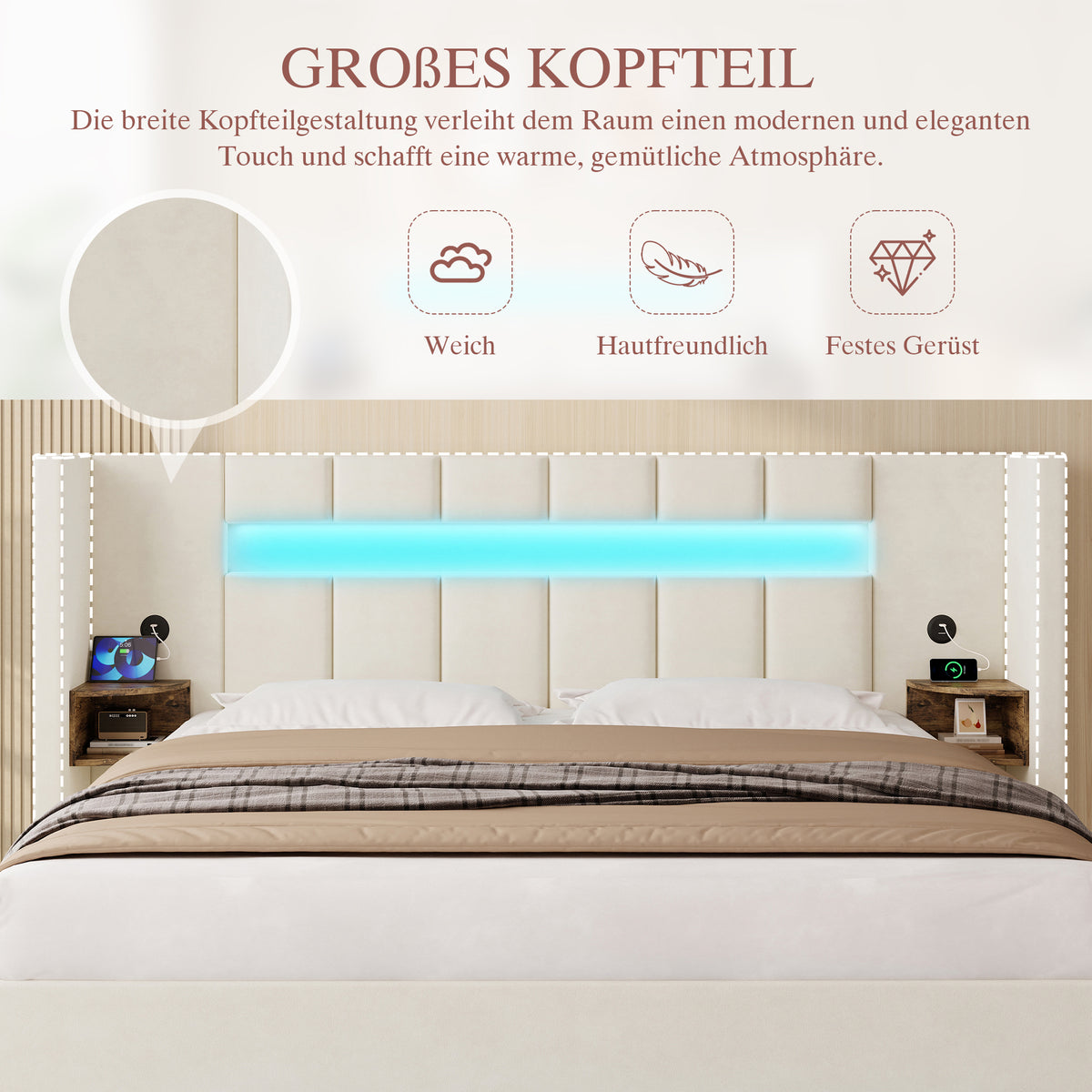 Multifunctional Bed Frame with LED & USB 180x200cm - Velvet