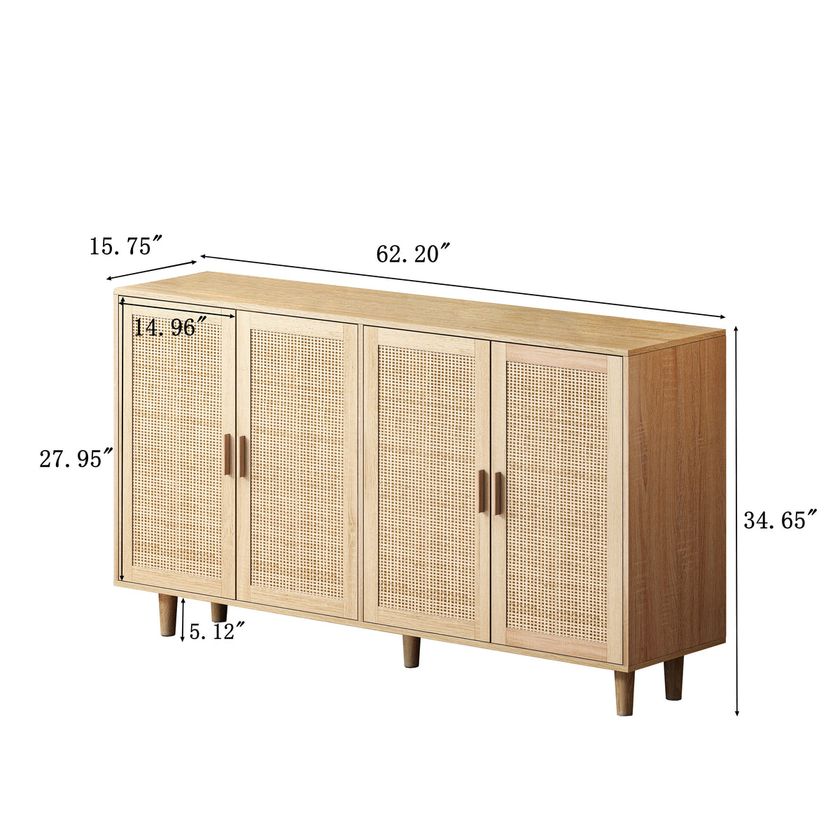 Rattan Decorative Storage Cabinet, 158CM 4-Door, Natural