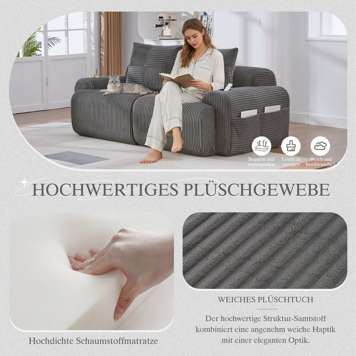 Modular Corduroy 2-Seater Sofa with Cup Holder and Storage Pocket, Dark Grey