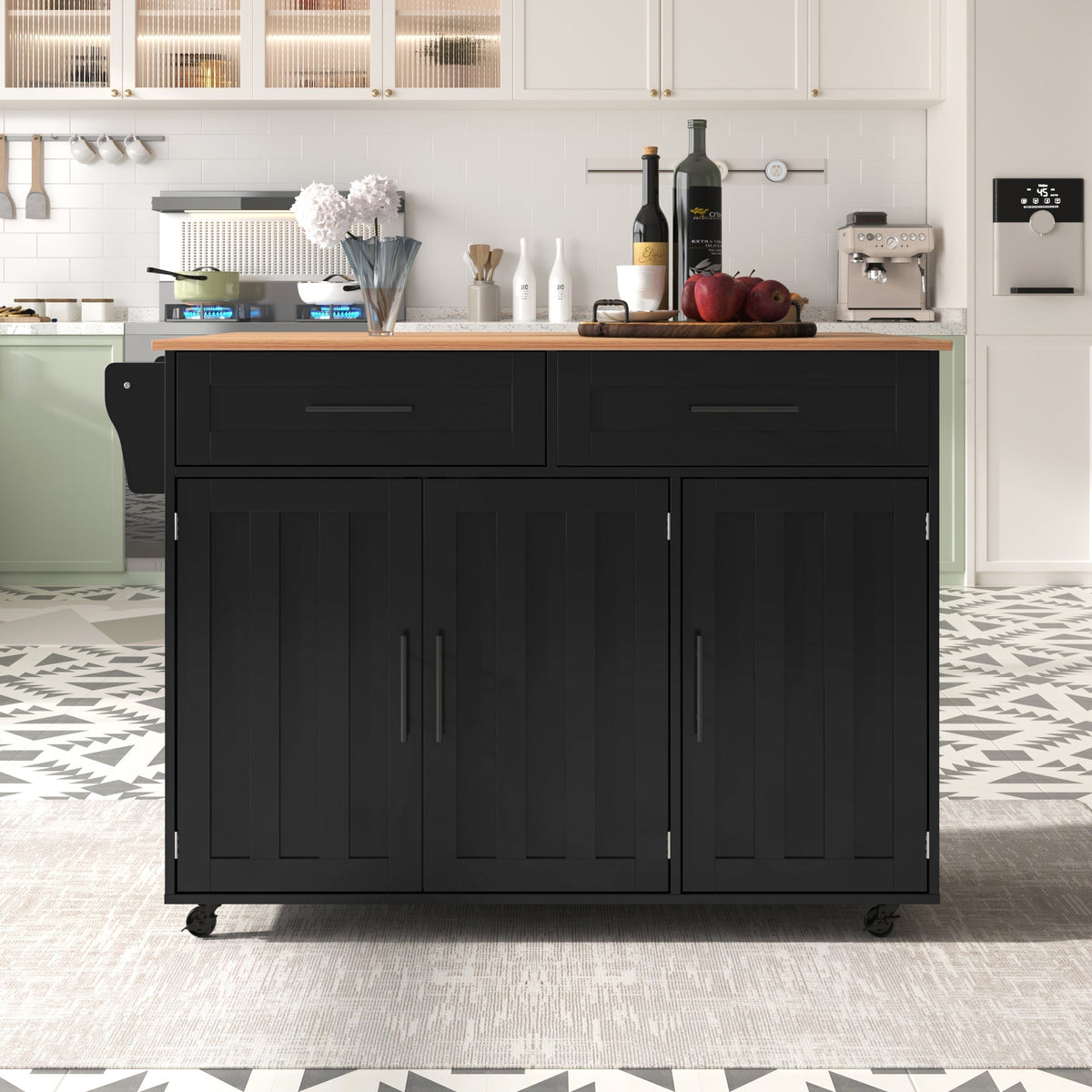 Dining Table Trolley with Folding Tabletop and Storage Cabinets, Black