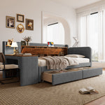 Daybed with Desk and USB Charging, 2 Drawers and Storage Compartments, Grey Linen
