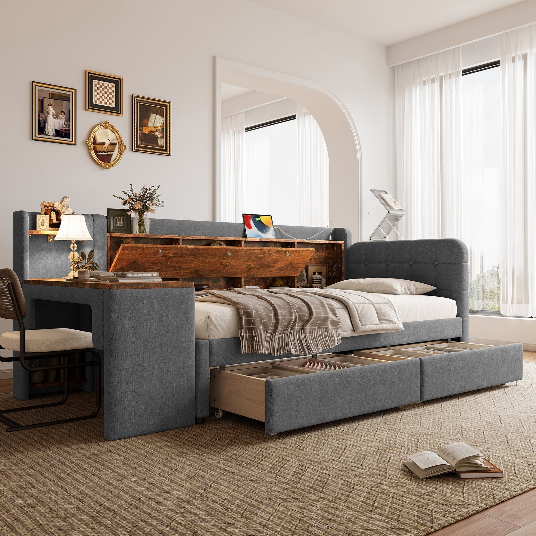 Daybed with Desk and USB Charging, 2 Drawers and Storage Compartments, Grey Linen