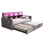 Upholstered Sofa Bed 90x190cm with Storage Headboard, LED Lights and Charging Ports, Dark Grey Velvet