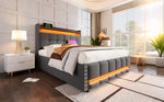 Upholstered Bed 160x200cm with LED & Storage, Grey Linen