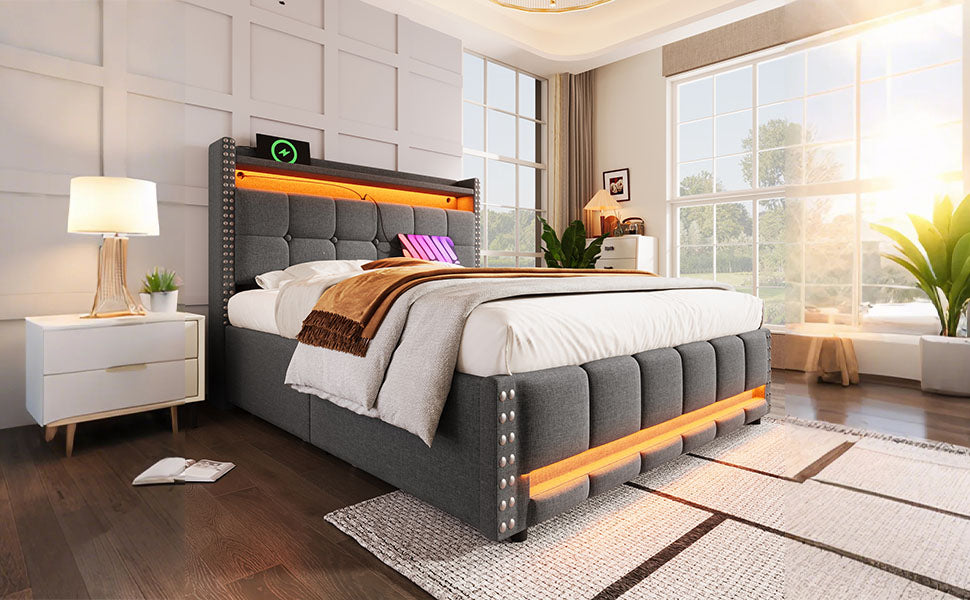 Upholstered Bed 160x200cm with LED & Storage, Grey Linen