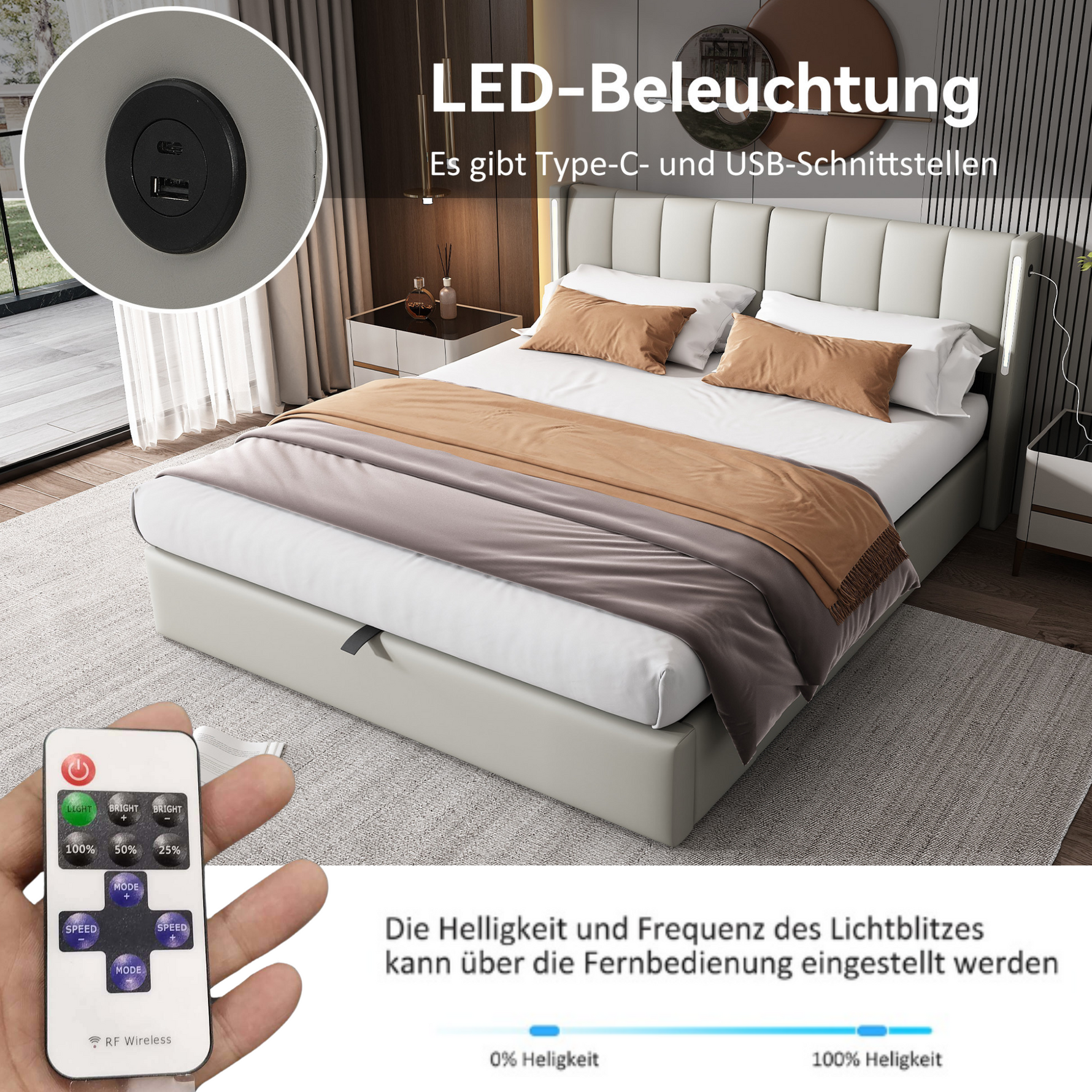 Upholstered Bed 160x200cm Hydraulic Storage LED USB Adjustable Headboard - Grey PU