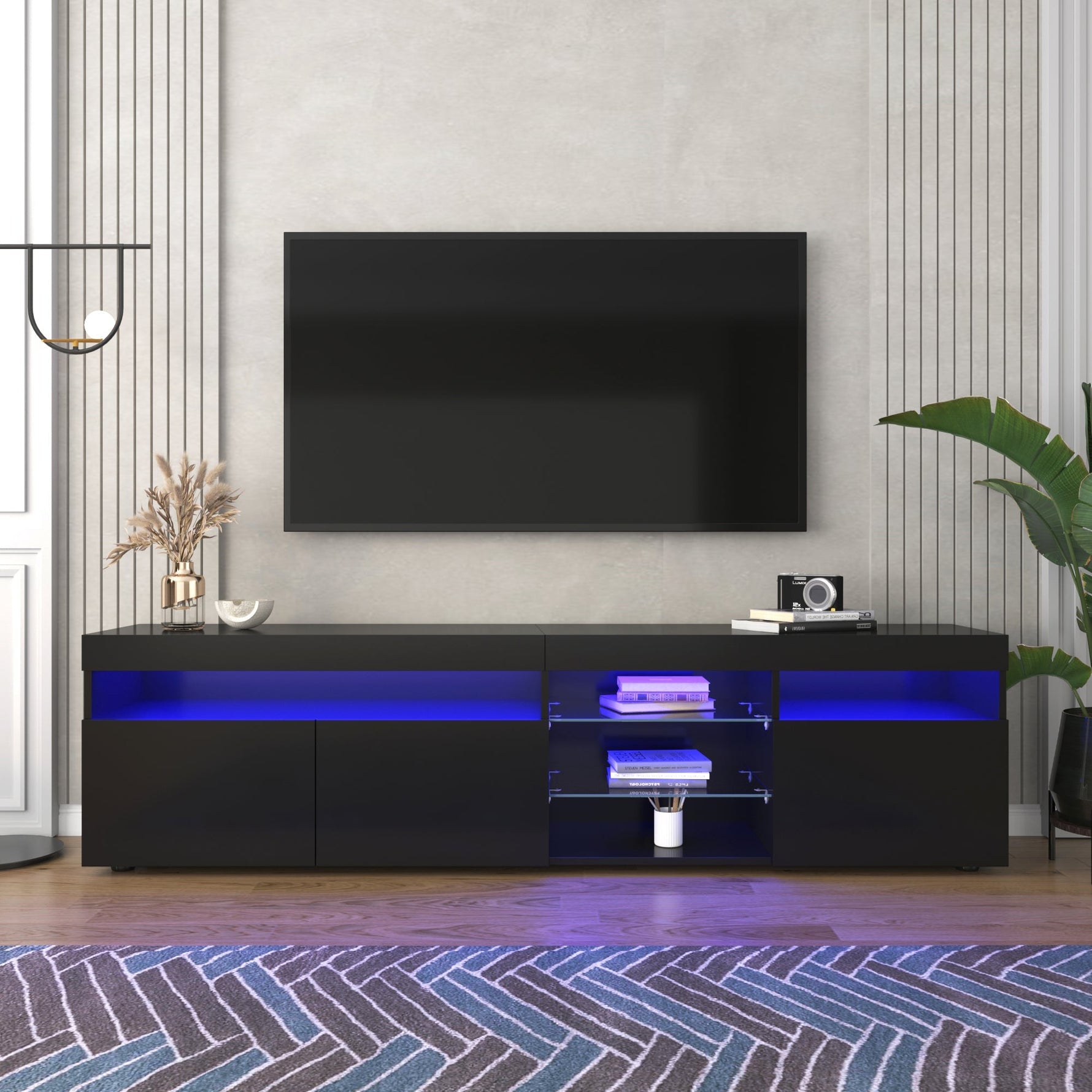 TV Cabinet, Modern with Bright Panel & LED Lighting, 180cm Black