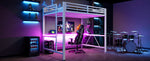 Gaming Metal Loft Bed Frame with LED Lighting, USB Charging Station and Desk, White