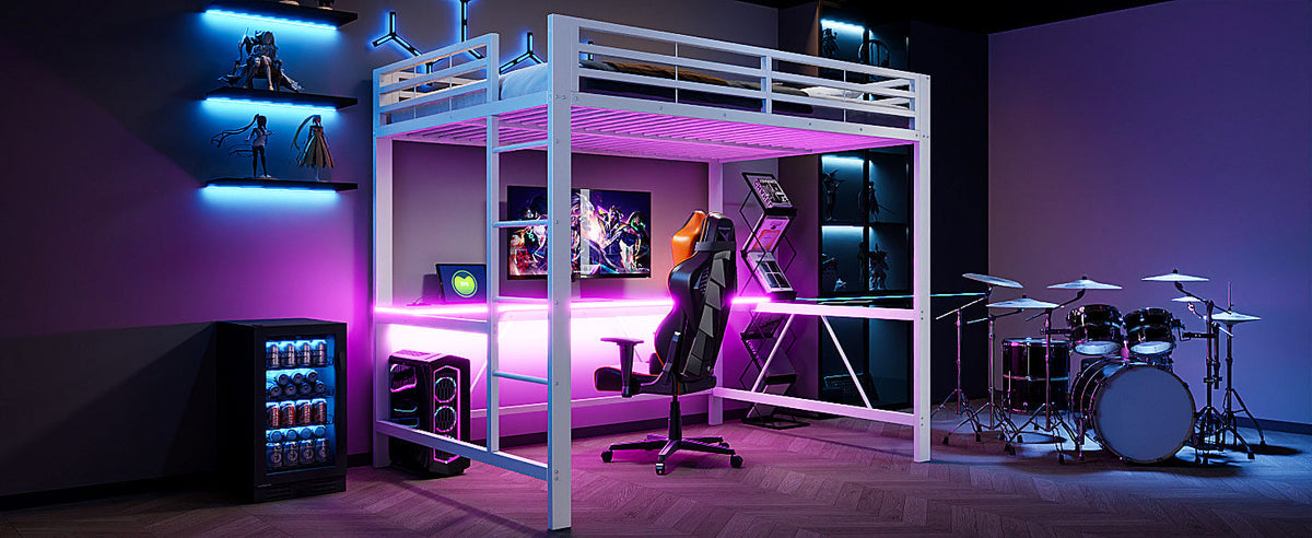Gaming Metal Loft Bed Frame with LED Lighting, USB Charging Station and Desk, White