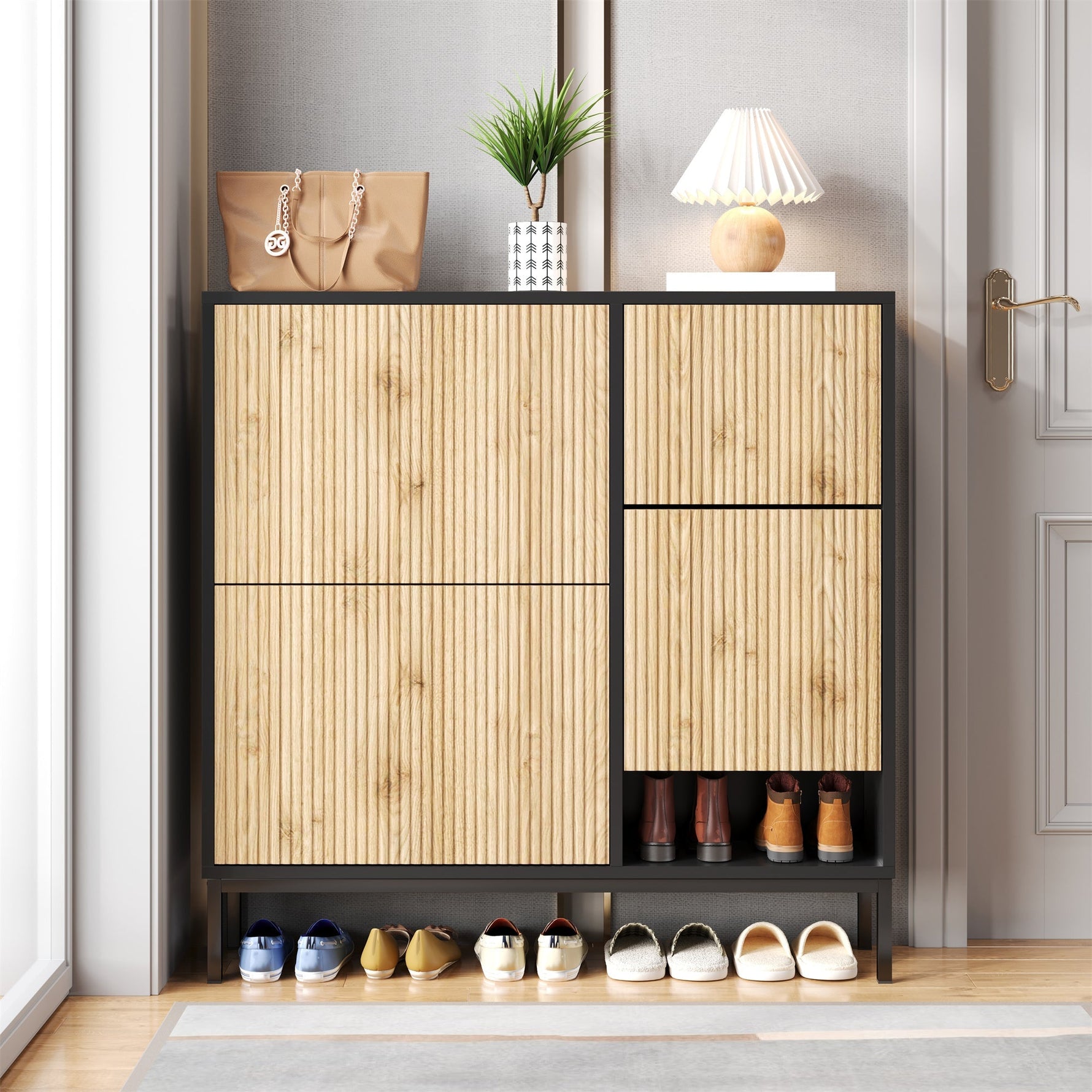 Shoe Cabinet with Changing Stool, 3 Flaps & Open Storage, Black + Wood Color
