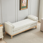 Elegant Upholstered Bench, Daybed Ottoman with Wood Legs and 2 Bolster Pillows, Ivory Boucle