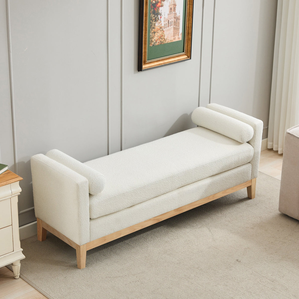 Elegant Upholstered Bench, Daybed Ottoman with Wood Legs and 2 Bolster Pillows, Ivory Boucle