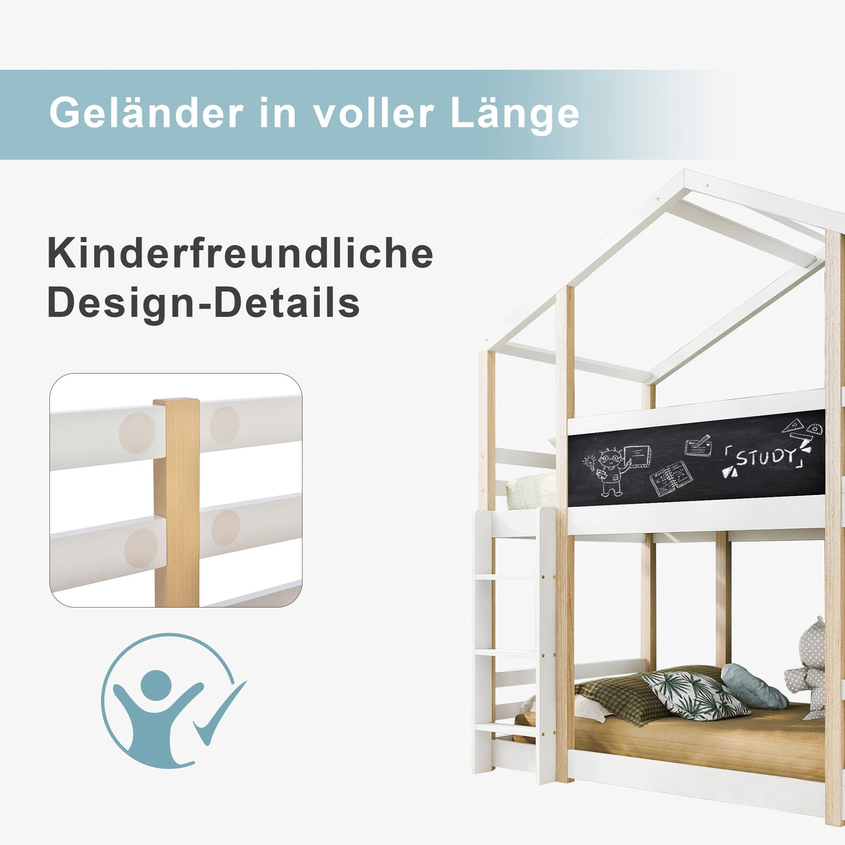 Children's Bed Tree House, Loft Bed with Slide & Ladder, 90x200cm, Natural & White