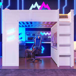 Loft Bed 140x200cm Gaming with Desk, LED Lights, USB/Type-C Ports, White