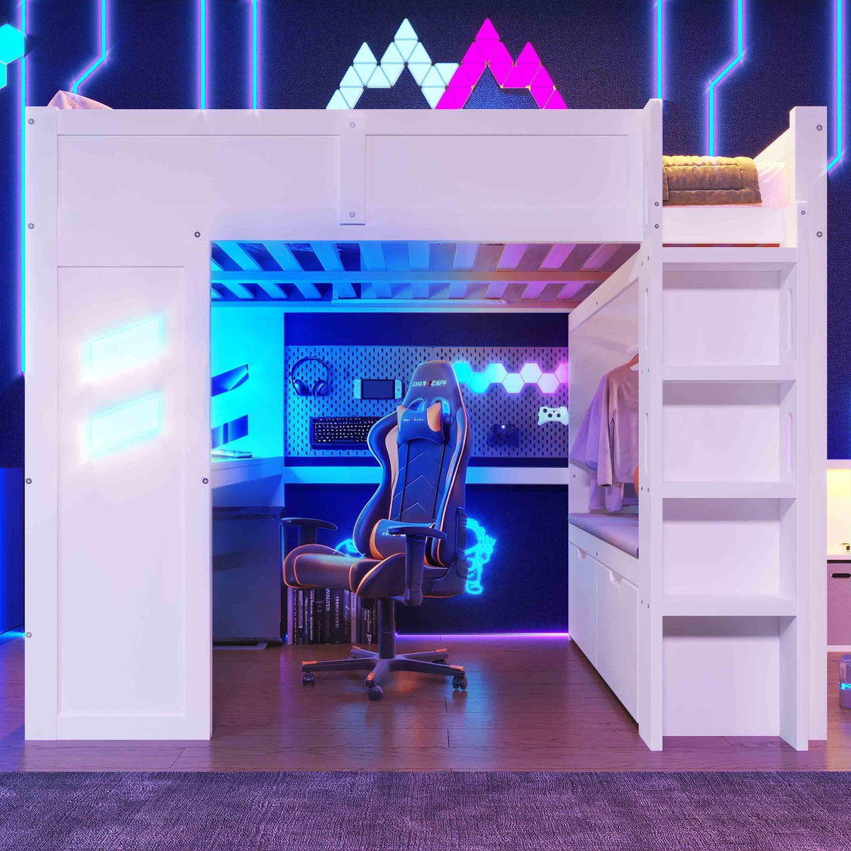 Loft Bed 140x200cm Gaming with Desk, LED Lights, USB/Type-C Ports, White