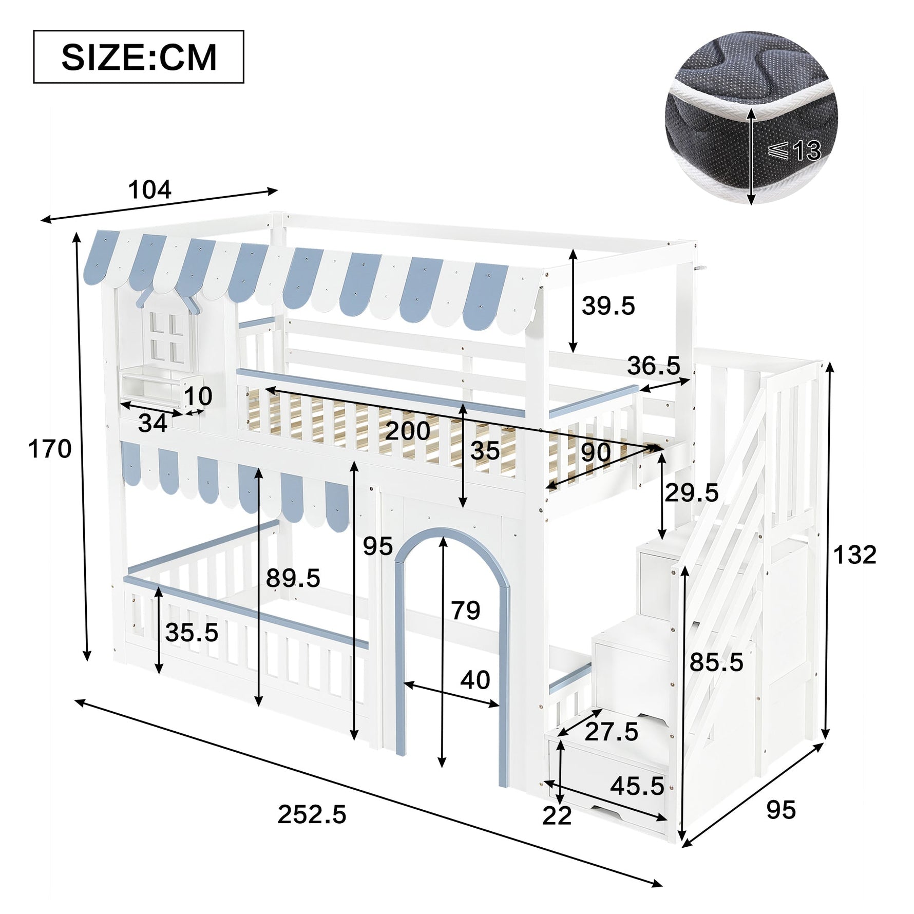 Bunk Bed with Staircase Storage and Decorative Windows, 90x200cm, White and Blue Pine + MDF + Plywood