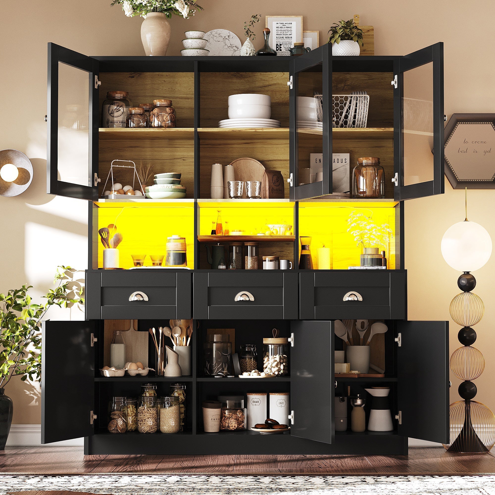 Tall Kitchen Cabinet 140x40x175cm Display Buffet Adjustable Shelves LED - White/Black