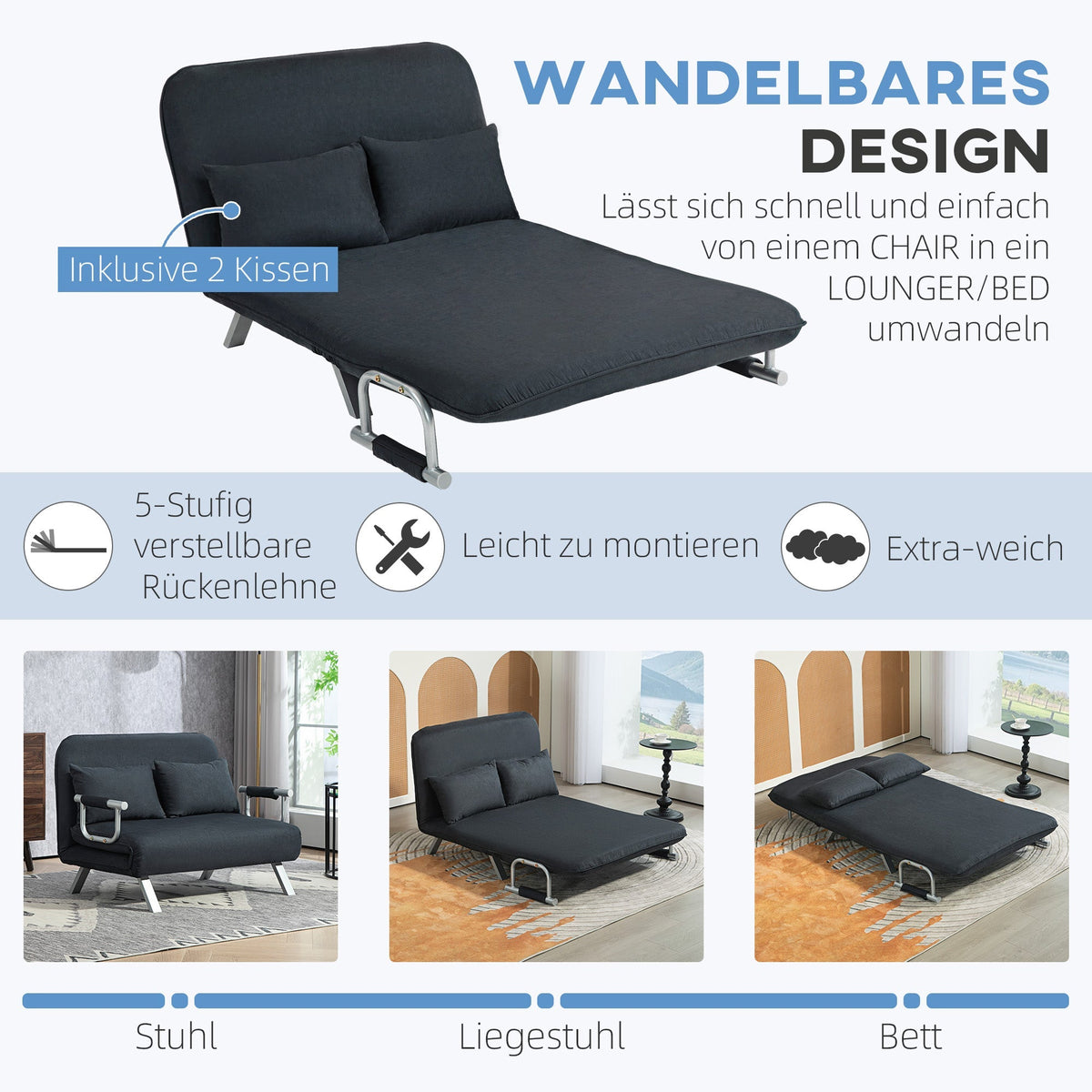 Sleeper Sofa 2-Seater Adjustable Backrest Velvet Black