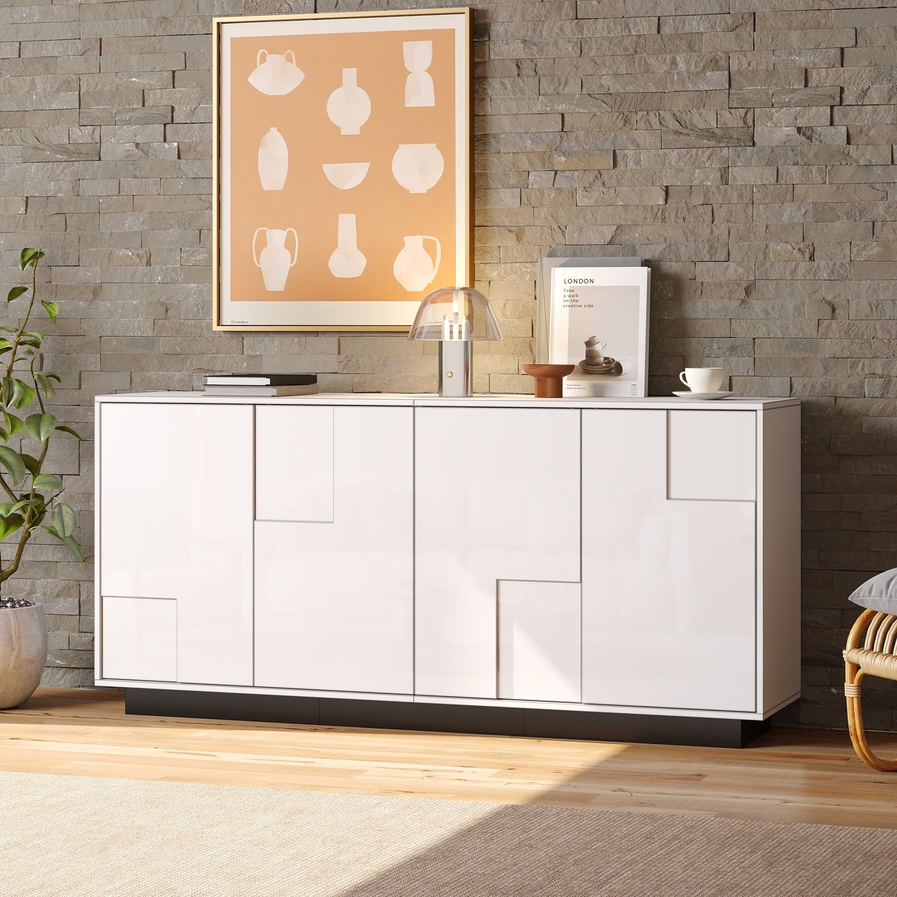 Sideboard 160cm High-Gloss 4 Doors Storage Geometric Design - White/Black