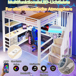 Loft Bed 140x200cm with Desk & Storage, White Metal