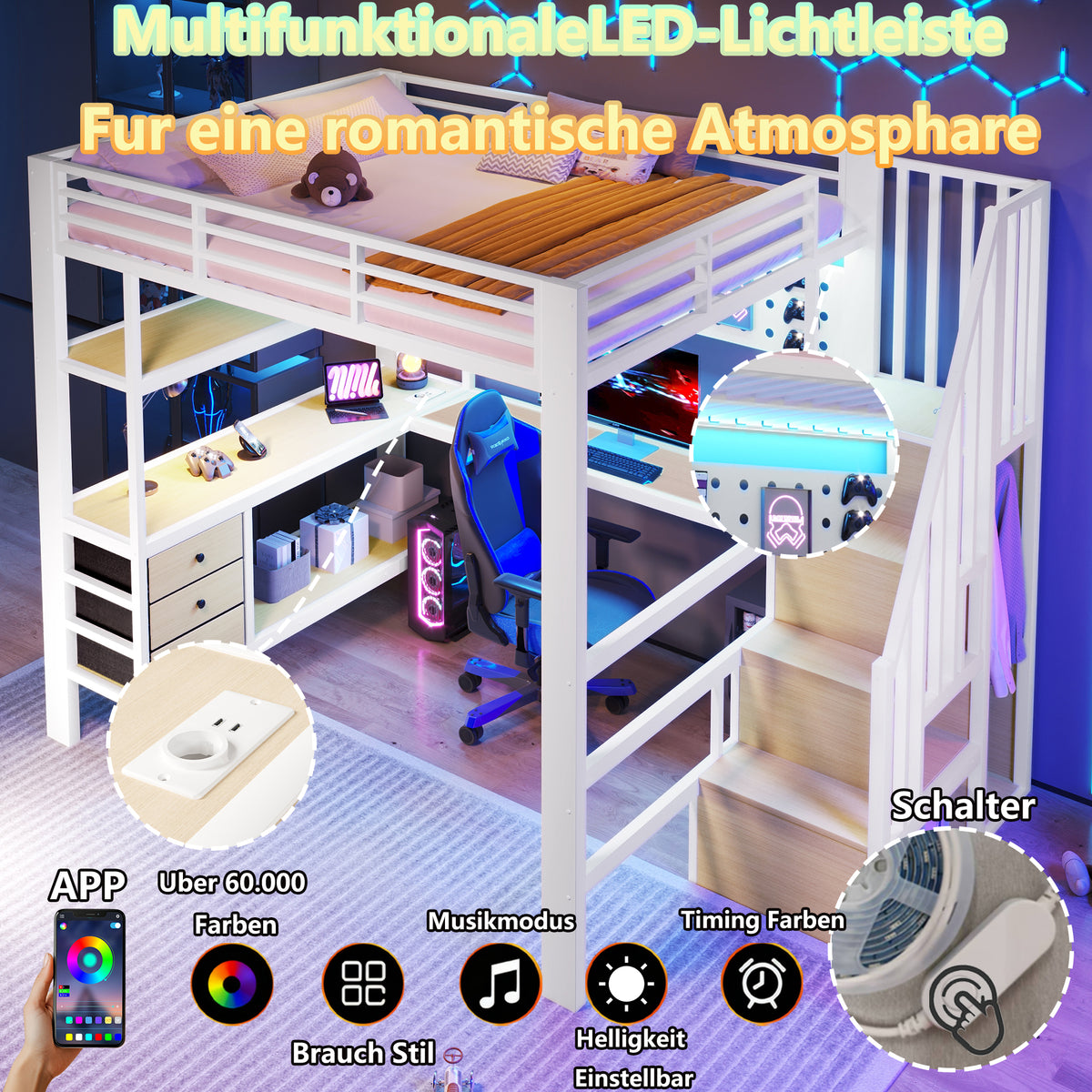 Loft Bed 140x200cm with Desk & Storage, White Metal