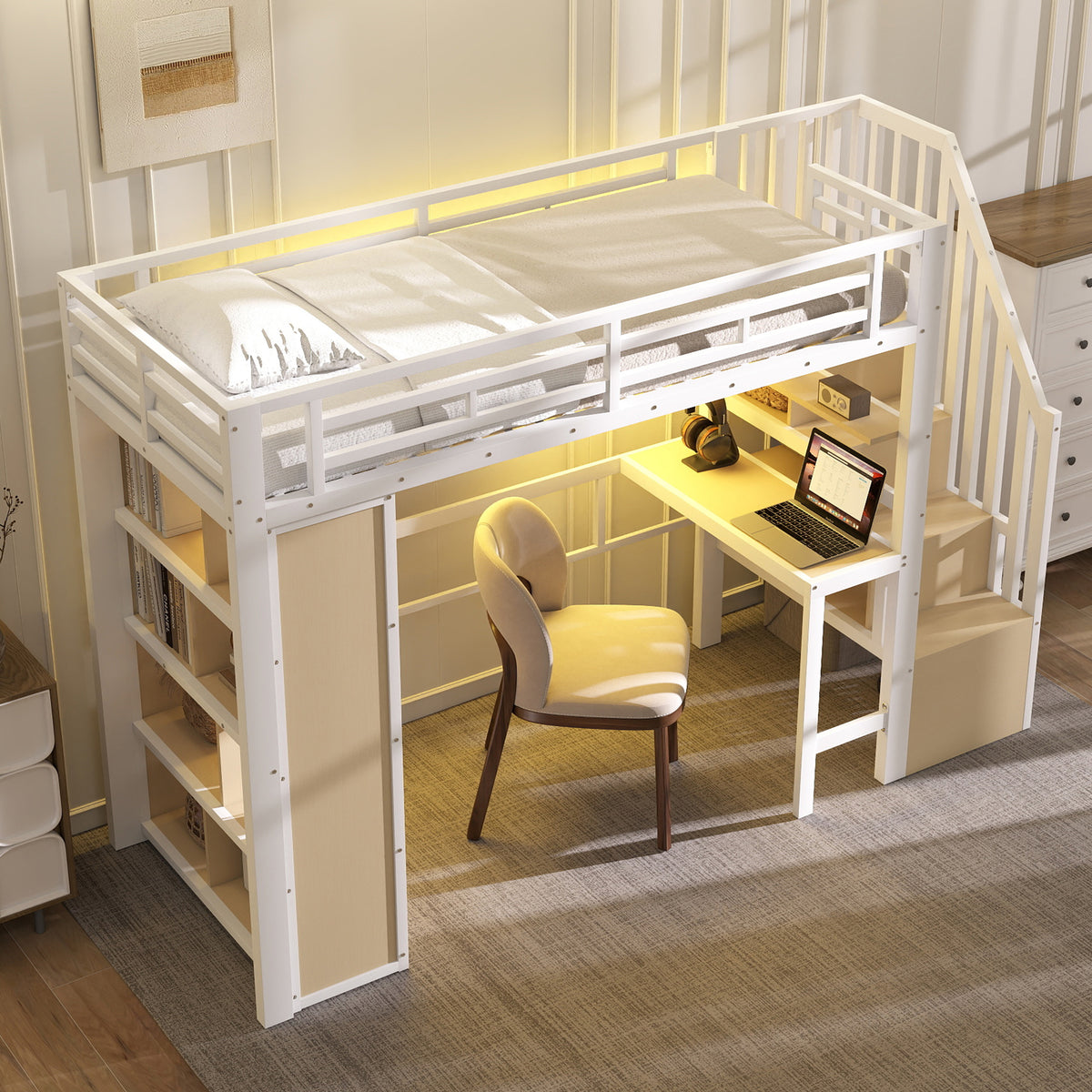 Loft Bed 90x200cm with Desk, Storage & LED Light - White Iron Frame