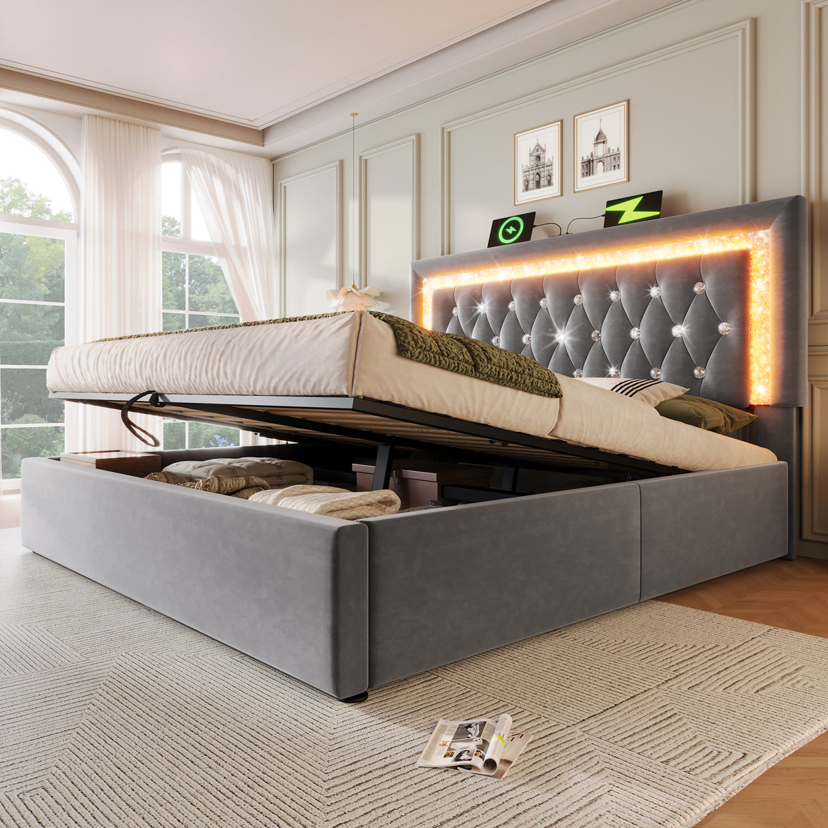 Upholstered Bed 160x200cm with LED & Storage, Grey Velvet