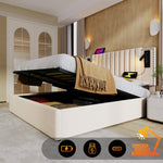 Upholstered Bed, 180x200 Double with Storage, USB Reading Light & Rivet Headboard, Beige Cotton