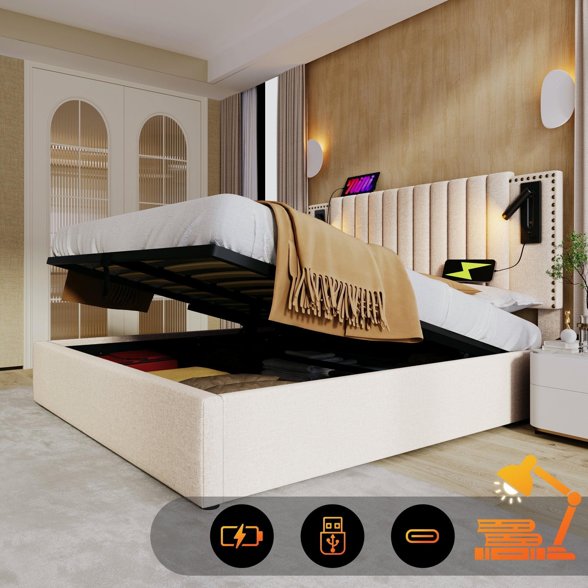 Upholstered Double Bed 180x200 with Storage, Bed Box and USB Reading Light, Beige Cotton