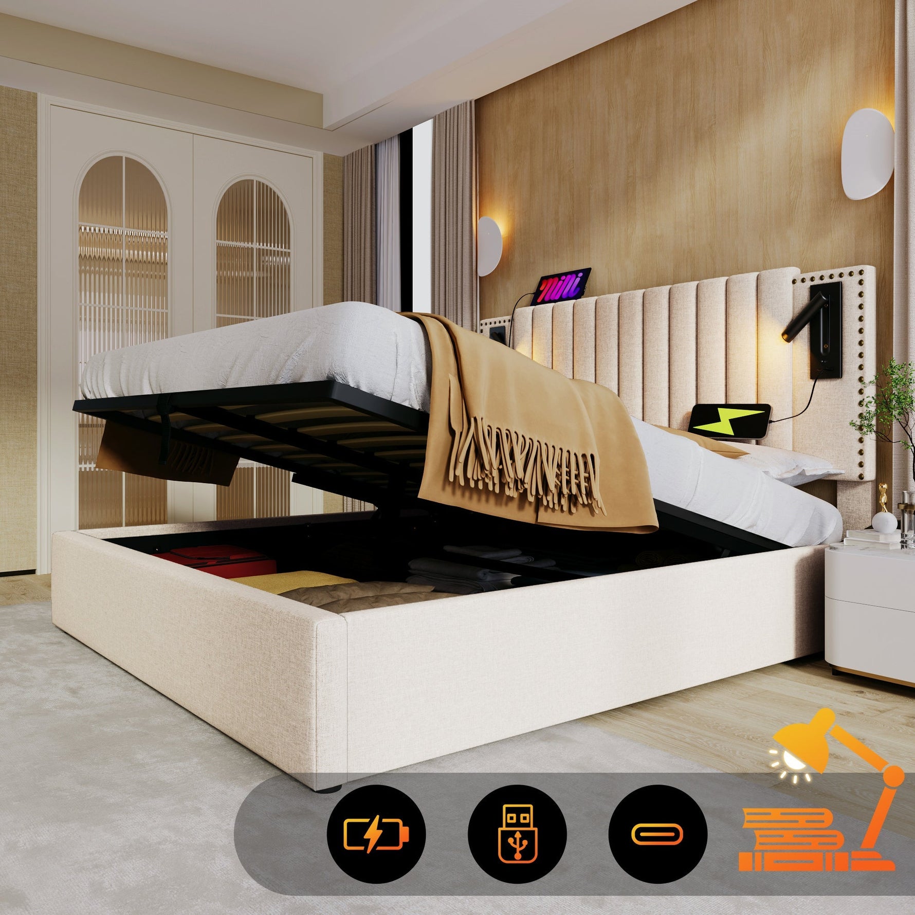 Upholstered Double Bed 180x200 with Storage, Bed Box and USB Reading Light, Beige Cotton