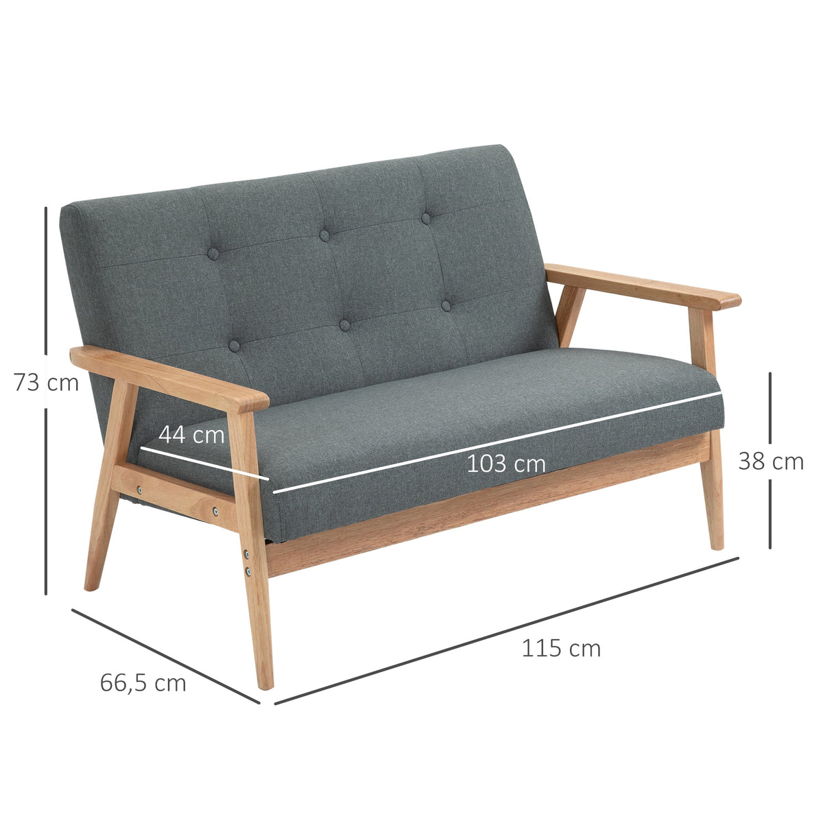 Double Sofa Loveseat, 2-Seater, Compact Design, Linen & Rubberwood, Grey
