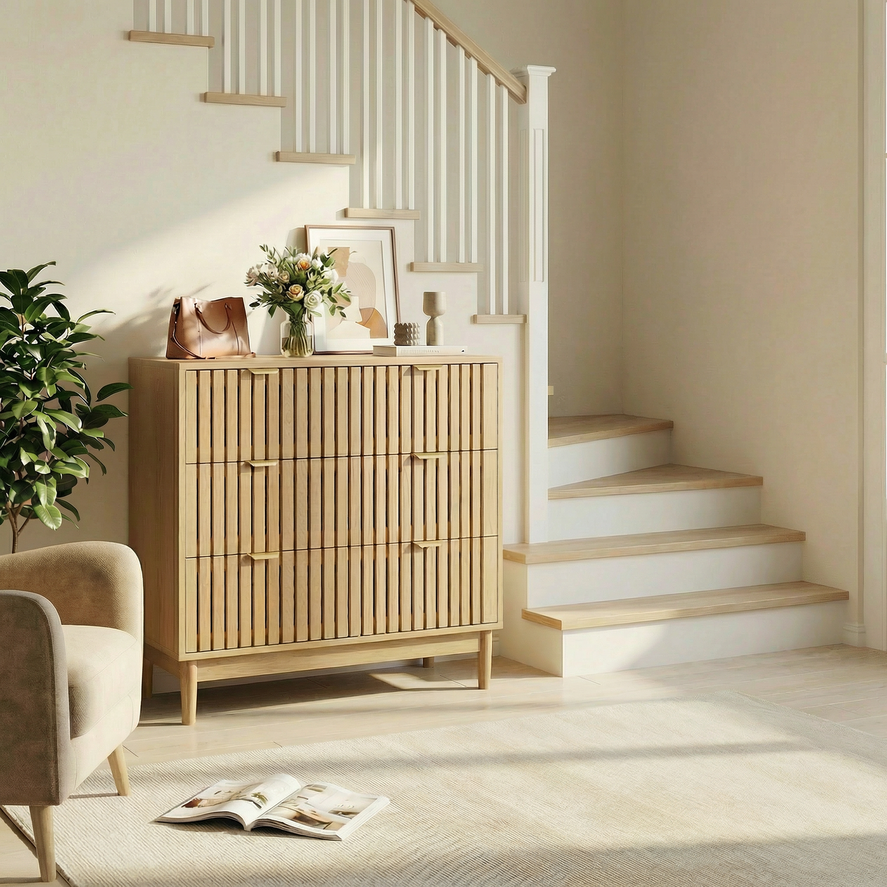 Modern Chest of Drawers, 3 Drawer Medieval Country Style Storage Cabinet for Bedroom and Living Room, Oak Wood