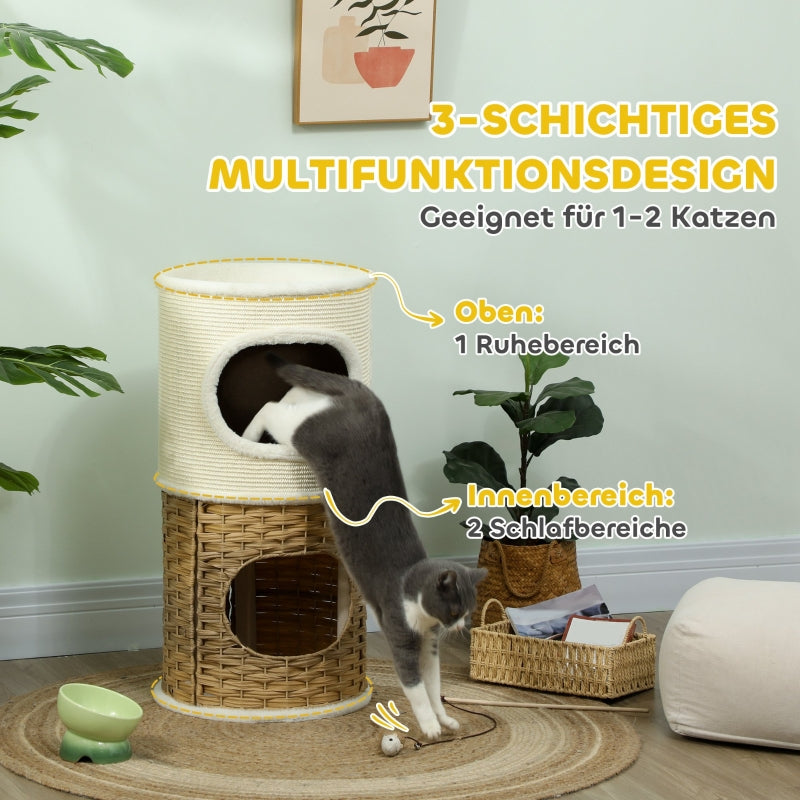 Cat Scratching Barrel, 80cm High, Three-Tier, Plush Rim, Cream White + Brown