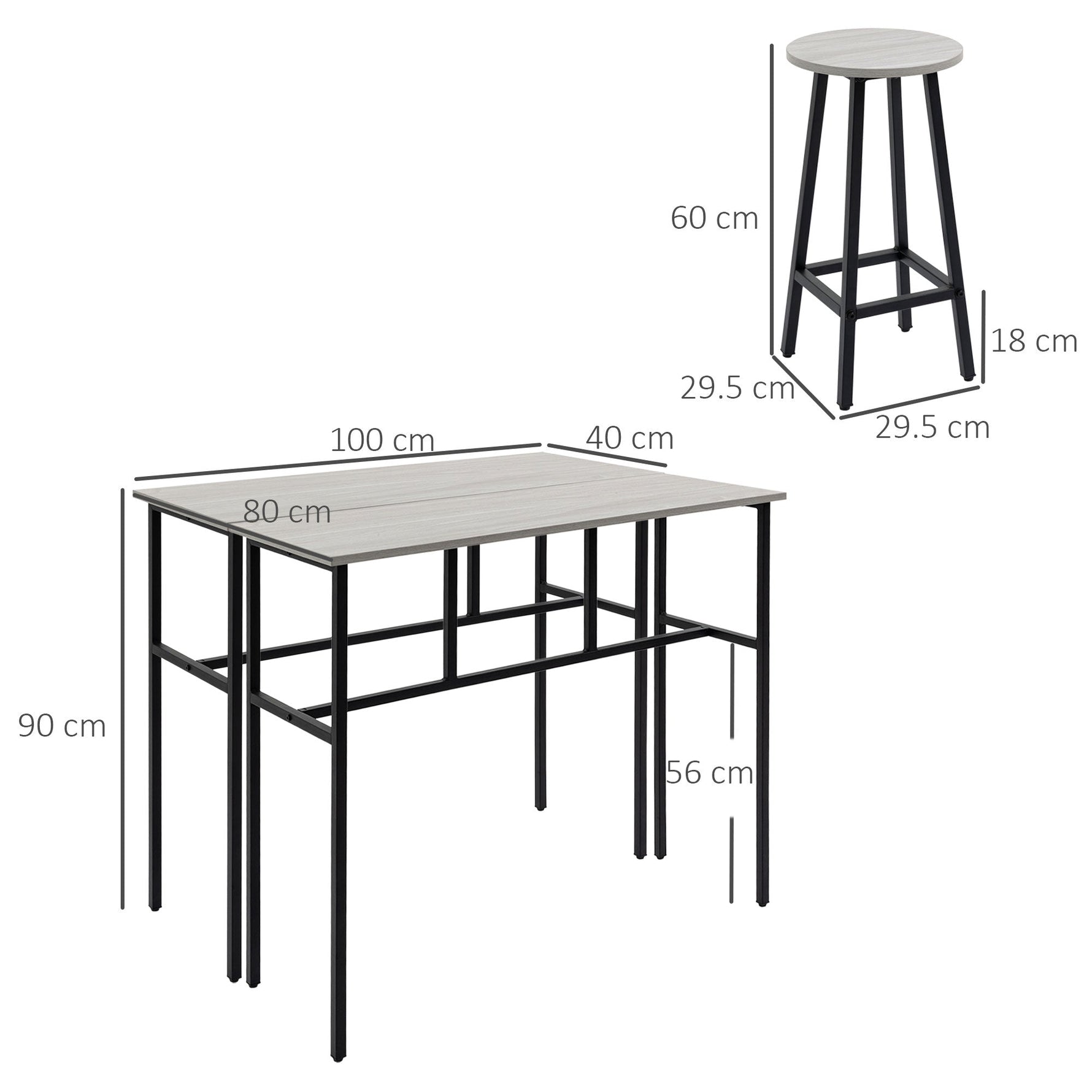 Dining Set, 6-Piece with 2 Bar Tables and 4 Stools, Industrial Design, Gray and Black Chipboard and Steel