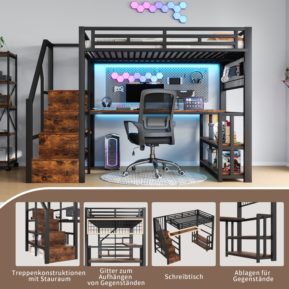 Loft Bed 140x200cm with Desk & Storage Staircase, Black Metal