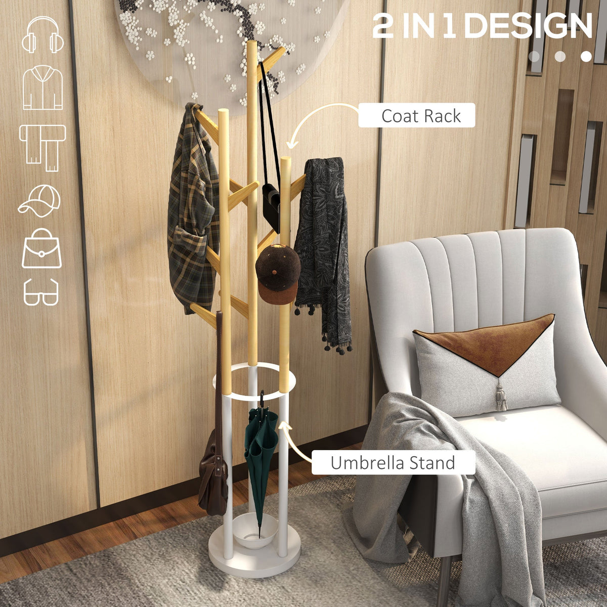 Coat Rack with Umbrella Stand, 13 Hooks, Metal and Bamboo, Natural and White