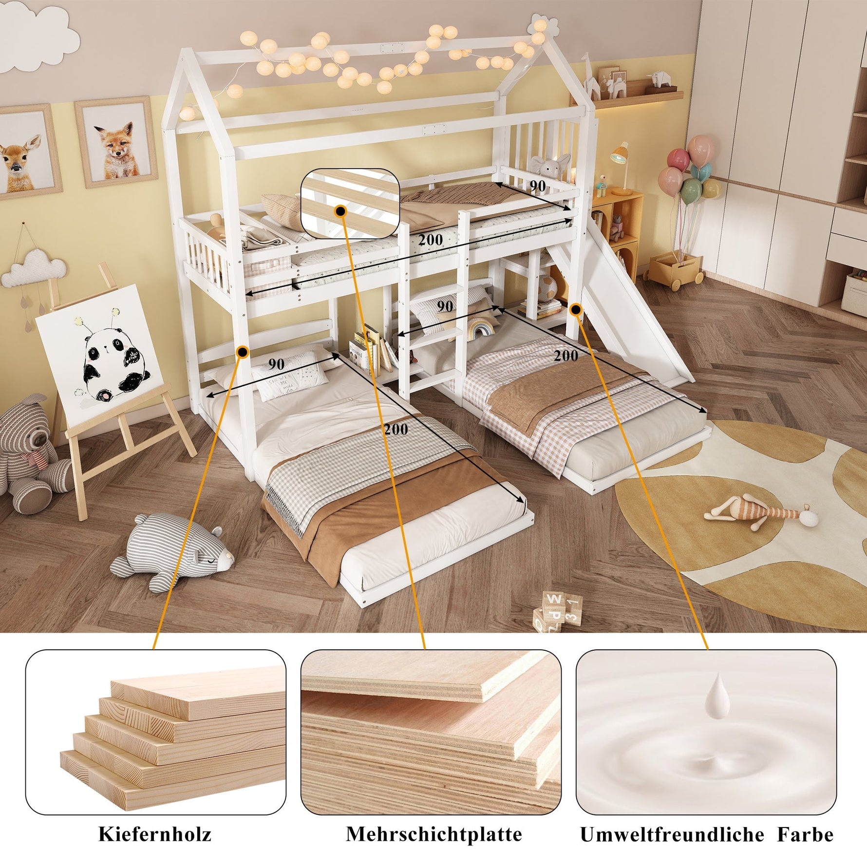 Bunk Bed, Children's with Slide, Roof Design, Three-Sleeper, Storage, Pine + MDF, White
