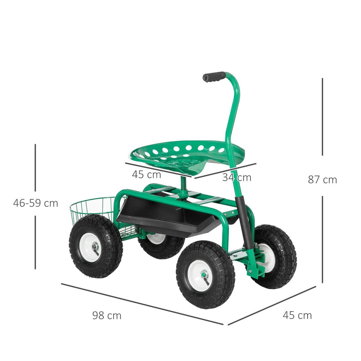 Garden/Workshop Trolley Seat Swivel Adjustable Height Storage Basket 150kg Capacity, Green
