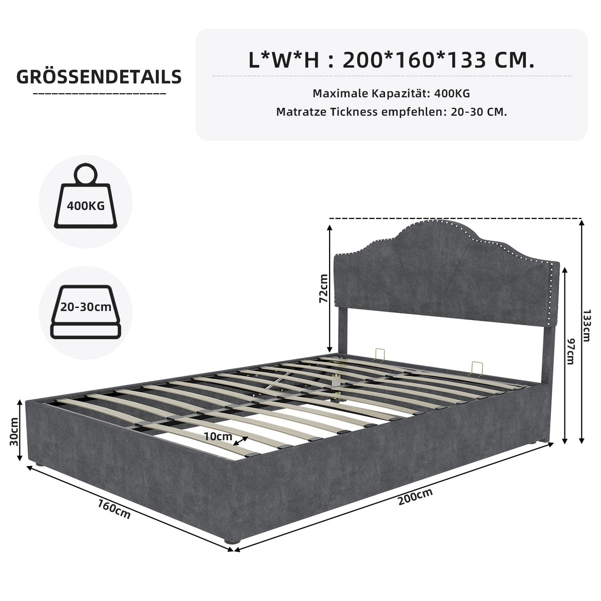Modern Minimalist Soft Bed, High Box with Pneumatic Rod, 160*200CM, Gray
