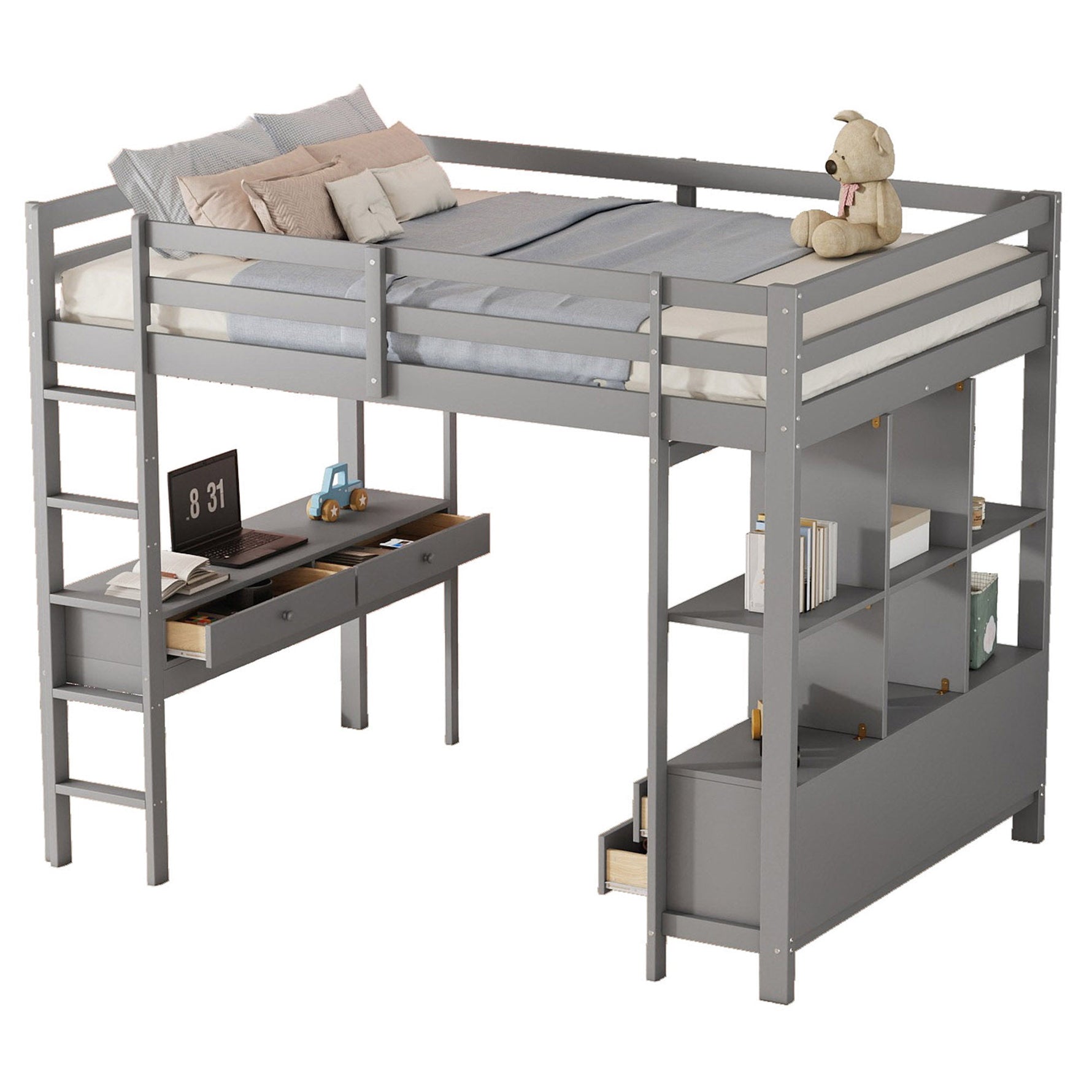 Loft Bed 140x200cm Storage Drawers Under-Bed Desk - Grey