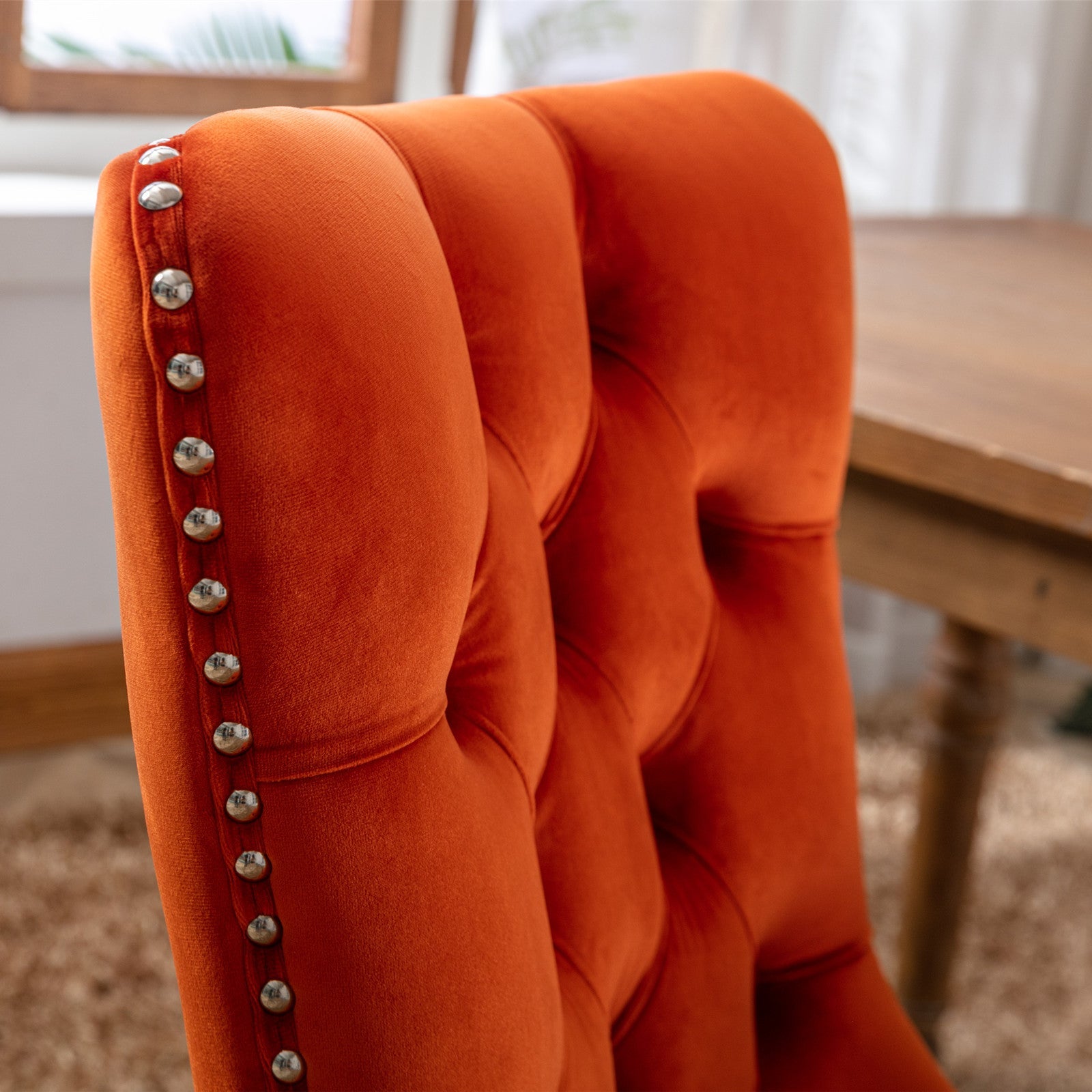 Nikki Collection Dining Chair Tufted Velvet Upholstered Solid Wood Legs 2-Pcs Set Orange